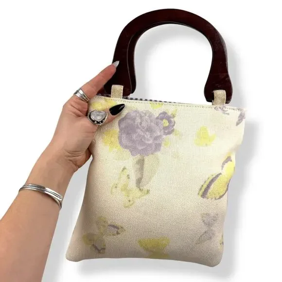 90's woven linen butterfly floral wood handle bag by FASHION EXPRESS ORIGINAL - Picture 3 of 16